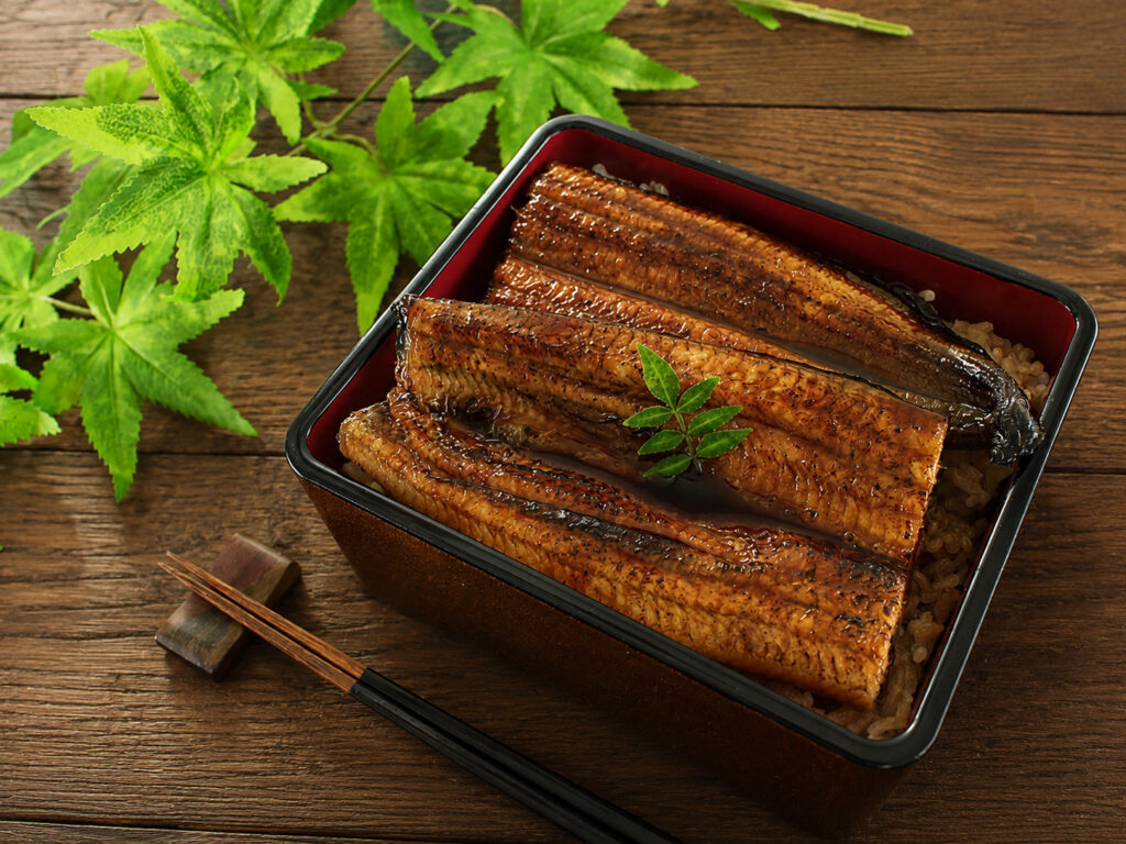 浜名湖産うなぎを使った香ばしいうな重。土用の丑の日におすすめのスタミナ料理。