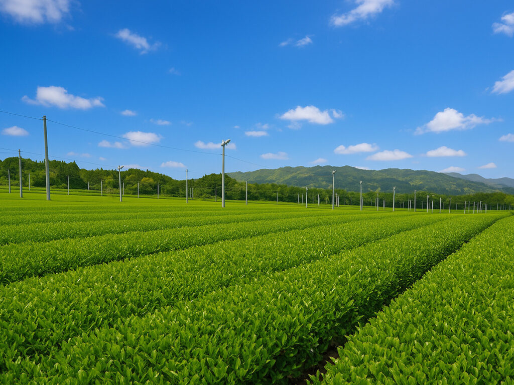 静岡県の茶畑に広がる緑の茶葉と青空